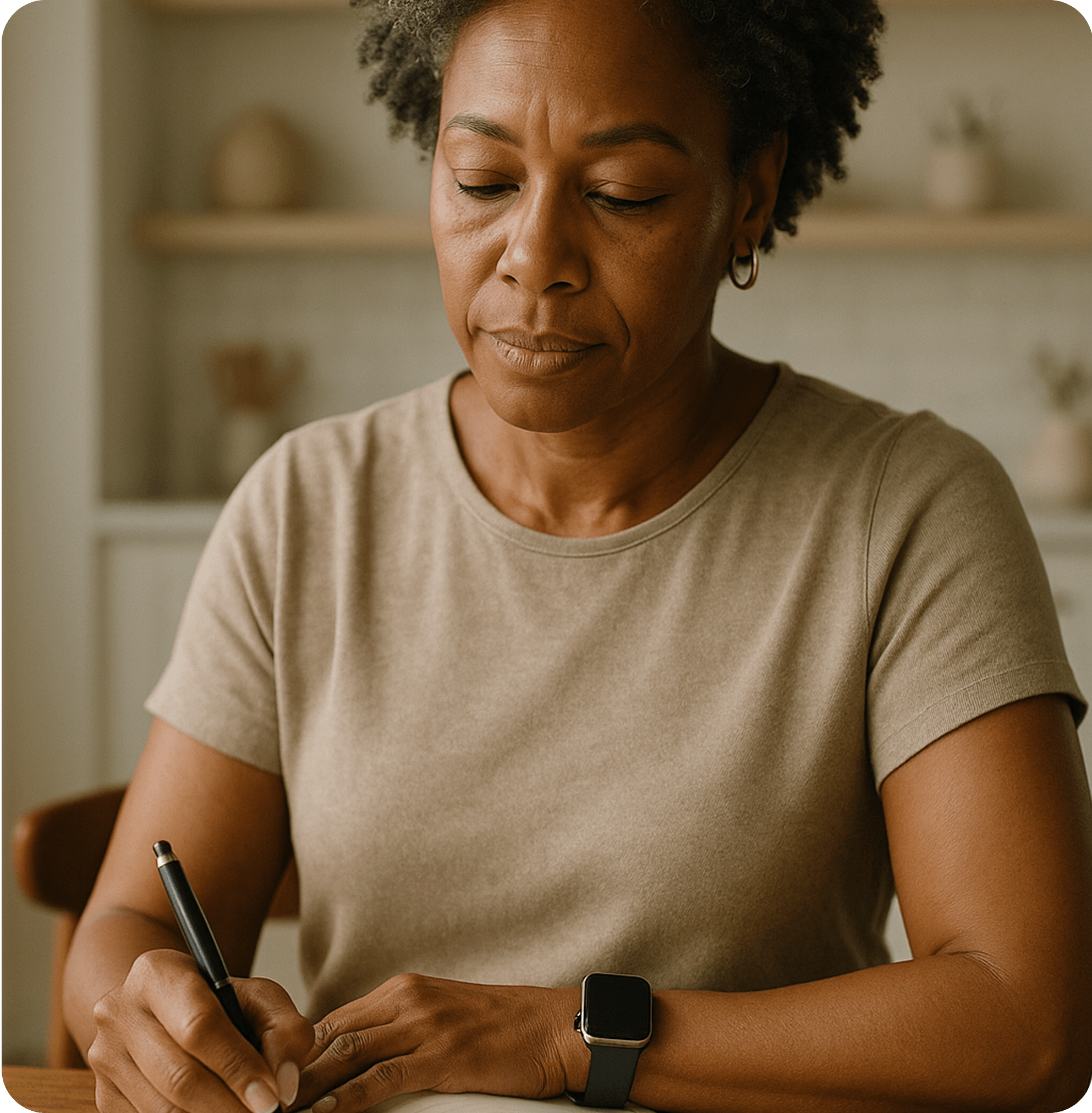 Woman wearing apple watch, writing notes